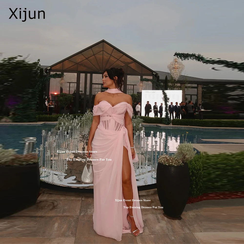 Xijun Pink Chiffon Sexy Long Evening Dresses Sweetheart High Split Scarf Prom Dresses Pleated Saudi Arabric Prom Gowns Customize