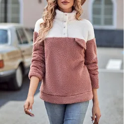 Autumn and Winter Women's Pullover High Neck Button Solid Color Panel Contrast Pocket Long Sleeve Sports Sweater Fashion Tops