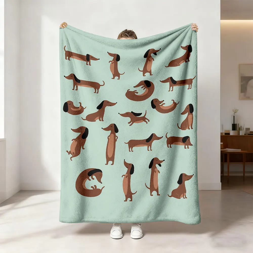 1pc Cartoon Sausage Dog Animal Printed Flannel Blanket, Soft and Comfortable Casual Blanket, Machine Washable