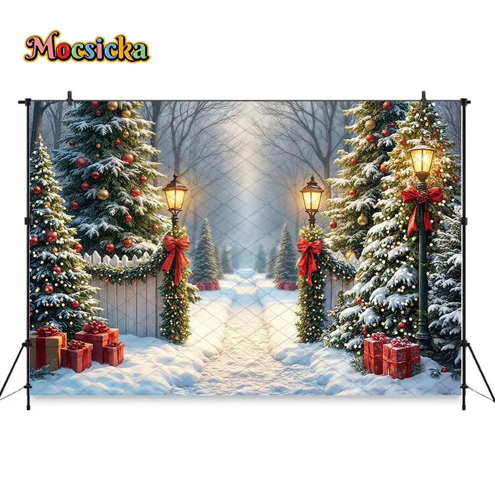 Mocsicka 메리 마법의 베란다 룸 배경 사진 눈 덮인 통로 크리스마스 트리 화환 가로등 배경 겨울 어린이 사진