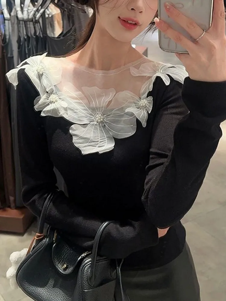 Women's Slim Fit Long Sleeve T-Shirt Short Style Base Layer Shirt Spring Autumn Winter Inner Wear Unique Design 3D Flower