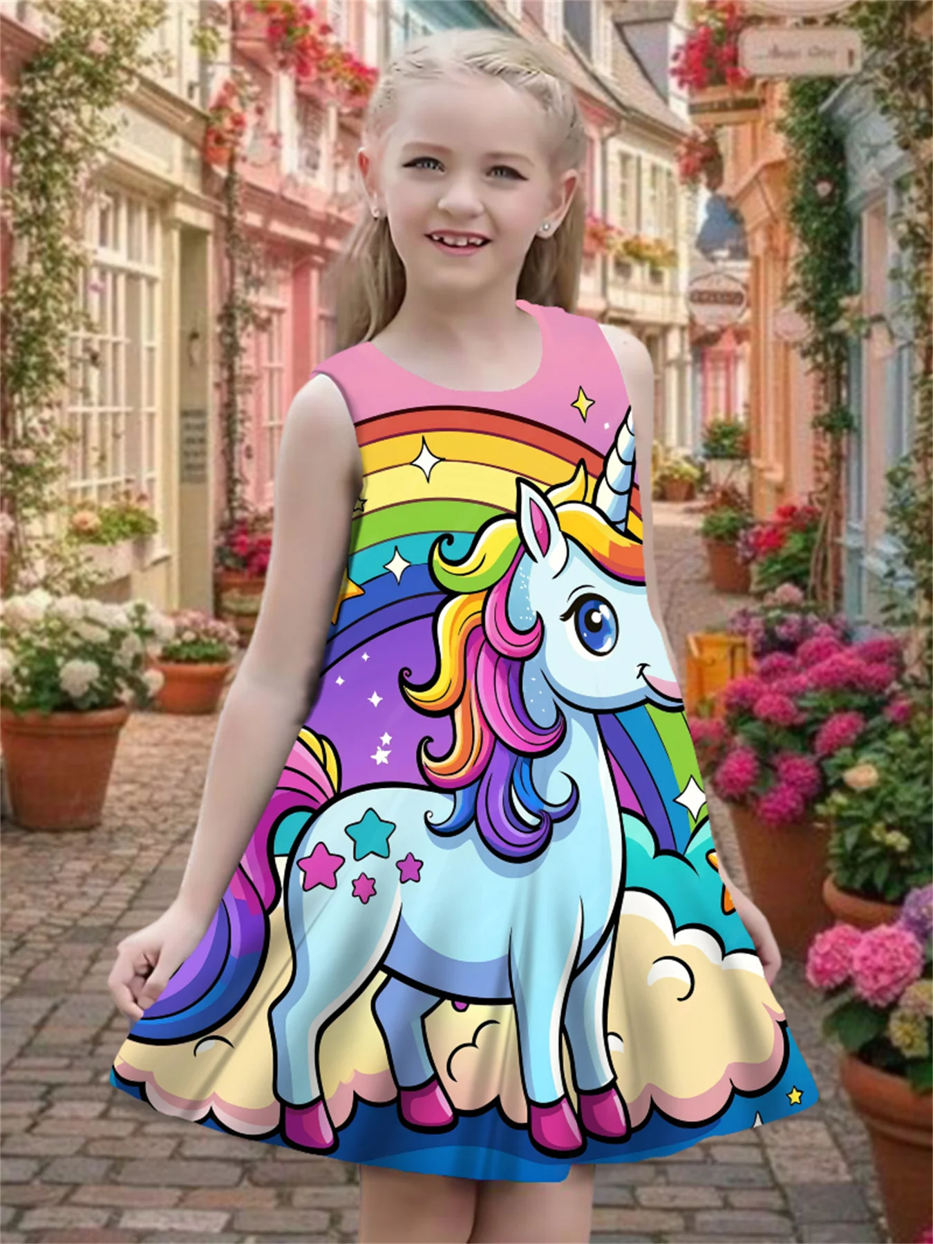 New Trendy Girl's Unique Sleeveless Unicorn 3D Print Pattern Princess Dress, Fun and  Design, Perfect Gift for Girls' Clothing