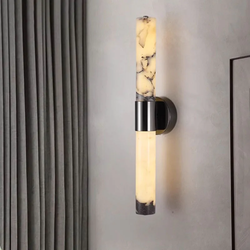 

New Style Natural Marble LED Wall Light Dimmable Stone Sconce Black Metal For Bedroom Parlor Kitchen Stairs