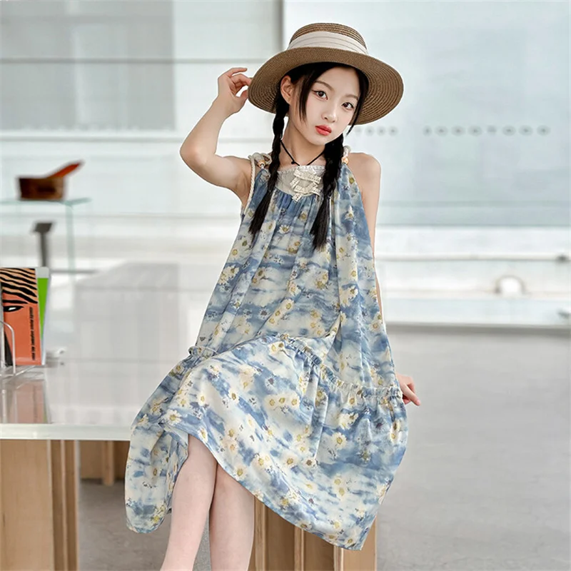 Girls Summer Dress 2024 New 6-12 year old 15 year old children Korean version beach dress holiday style slip dress