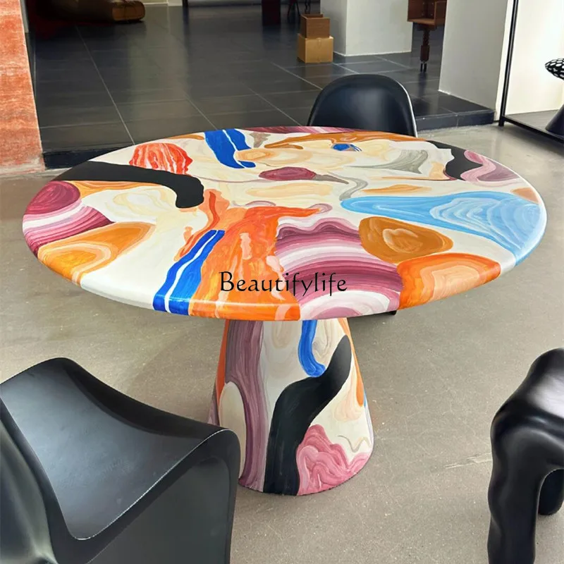 

Medieval simple solid wood round dining table, home painted round creative leisure round table