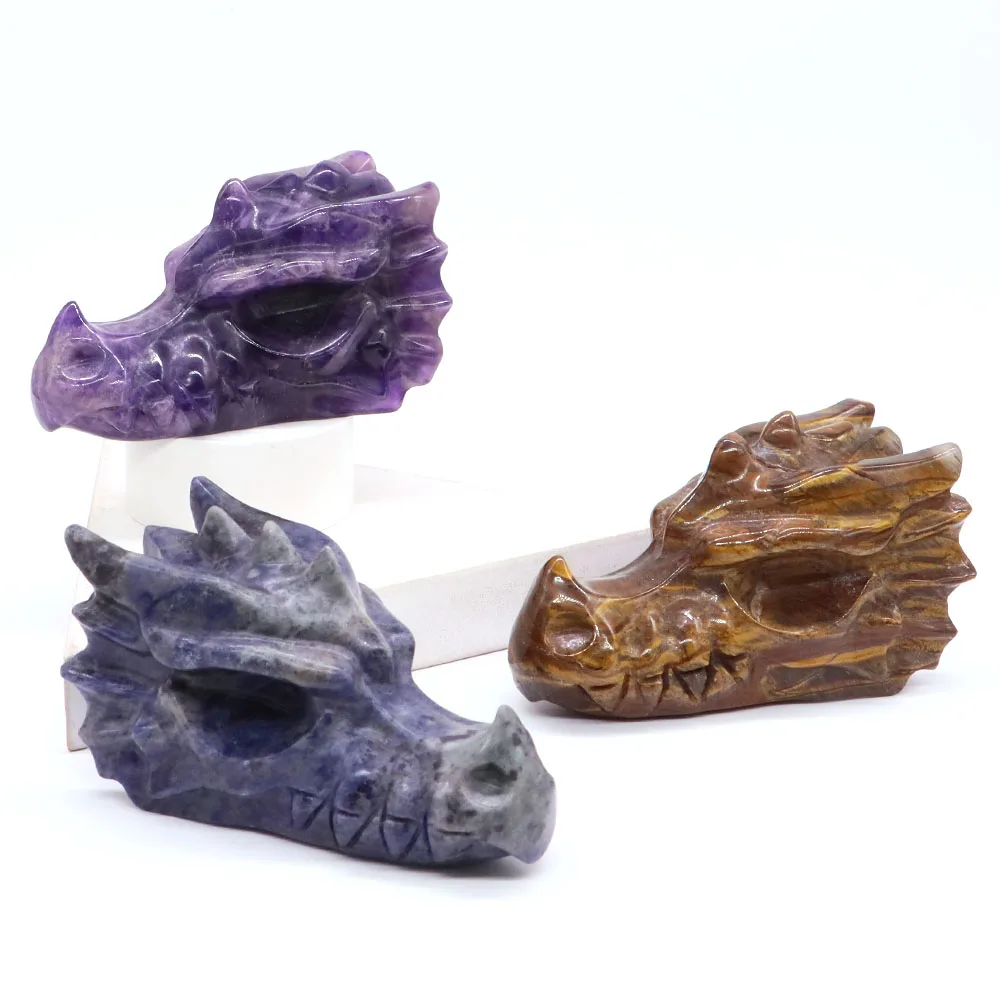 

4" Crystal Dragon Head Skull Statue Natural Gemstone Carved Animal Sculpture Healing Stone Figurine Crafts Home Room Desk Decor