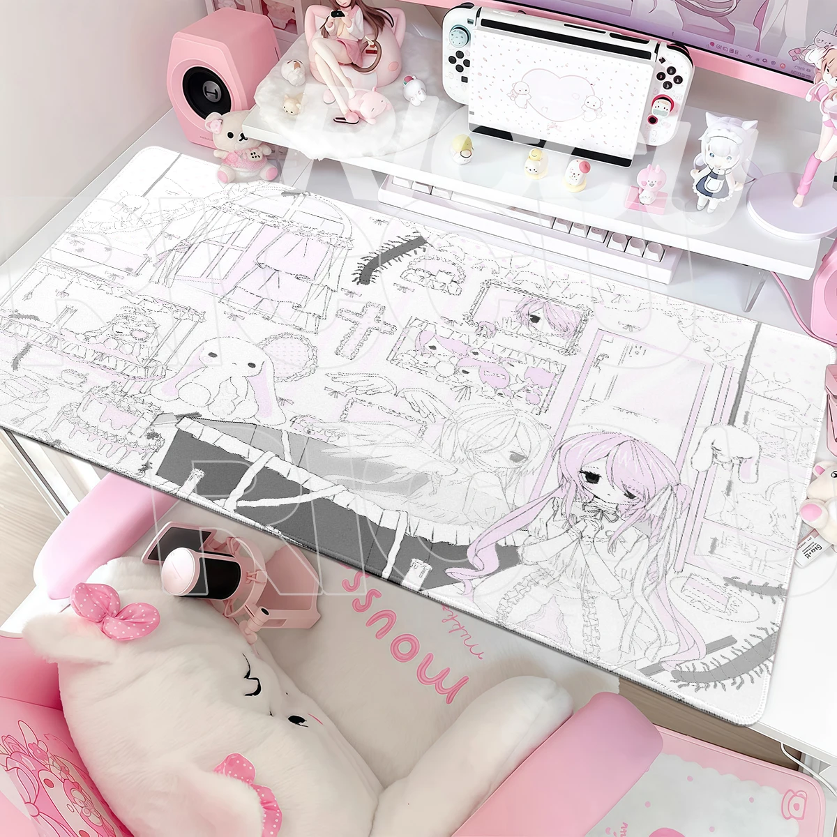 Lolita Aesthetics Angel Girls Rabbit Mouse Pad Ins Pastel White Desk Decort Mat XXL Keyboard Pads PC Accessories Rubber Mousepad