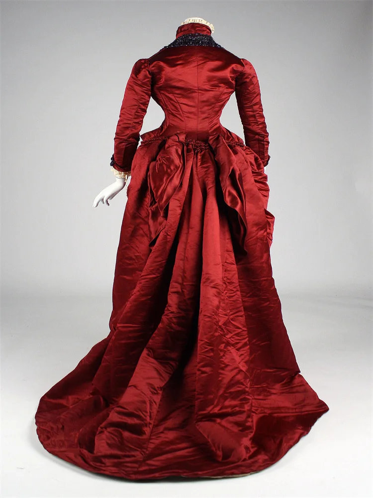 1870s Women Red Evening Ball Gown Renaissance Vintage Costume Historical Edwardian Dress