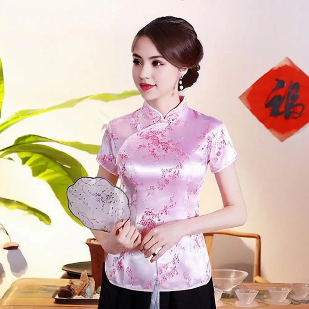Women Retro Qipao Tops Stand Collar Short Sleeve Floral Print Traditional Chinese Tops New Year Cheongsam Tops Women Clothes