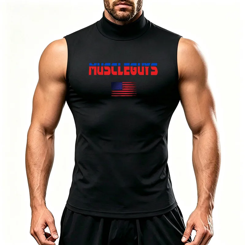 Men's Sleeveless Running T-Shirts Quick Dry Compression High Neck Fitness Top Breathable Sports Shirt For Athletic Workout