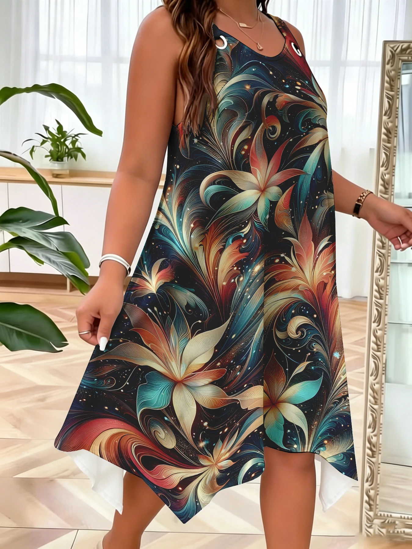 

Summer New Plus Size Women's Abstract Floral Print Sleeveless Dress Black Loose-fitting Suspender Dress