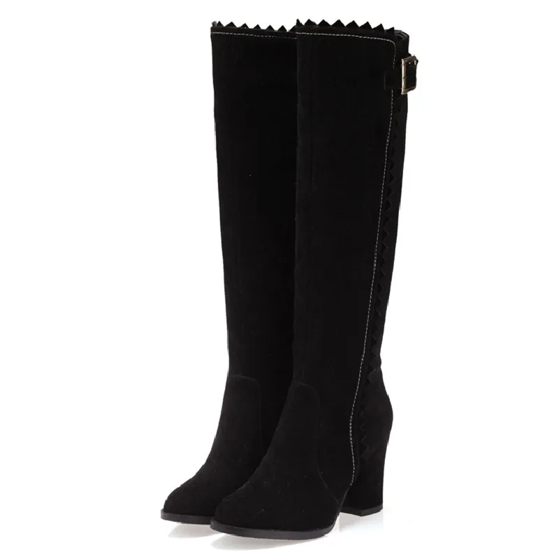 Faxu Suede Knee High Boots Women Shoes Fashion Long Tall Boot Female Block High Heels Flock Brown Autumn Winter Shoes Large Size