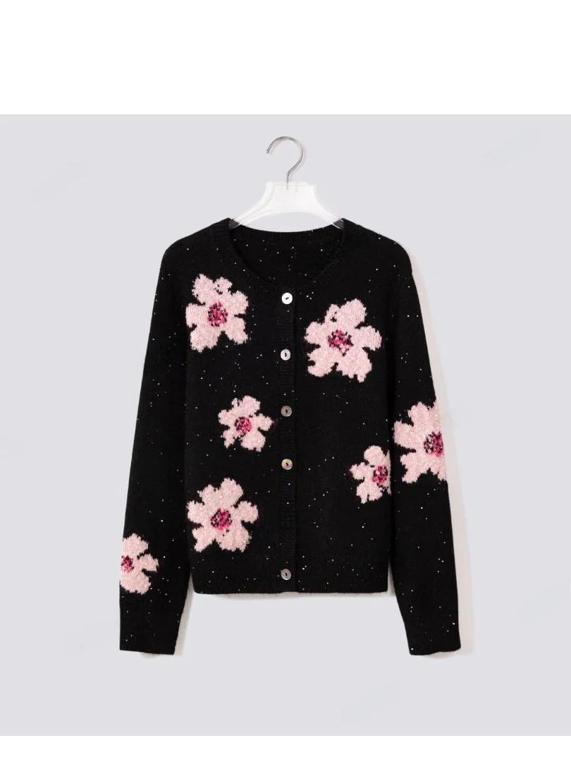 

Korean Sle Loose Knitted Cardigan Sakura Pattern ular Women's Sweater Comfortable Loose Top V-ne Long Sve Winter Wear