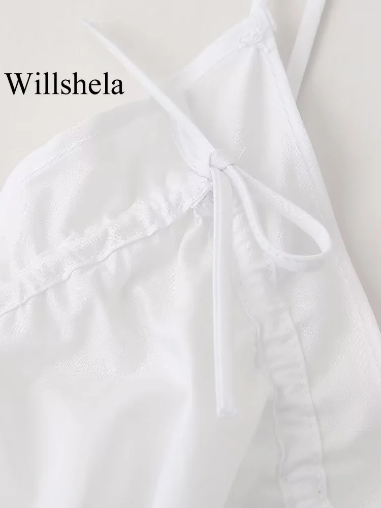 Willshela Women Fashion White Pleated Backless Bow Lace Up Cropped Tops Vintage Thin Straps V-Neck Female Chic Lady Crop Top