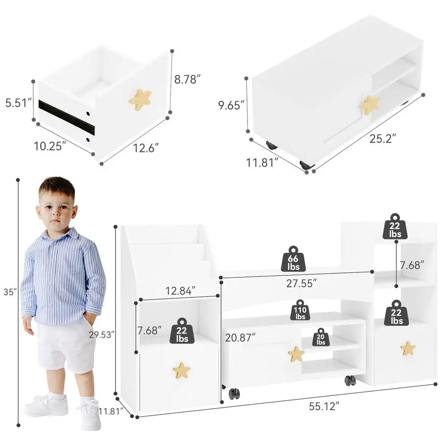 55 Kids Bookshelf with Reading Nook, Kids Bookcase with Desk and Toy Storage Drawers, 6 Storage Cubbies and Storage Cabinet with