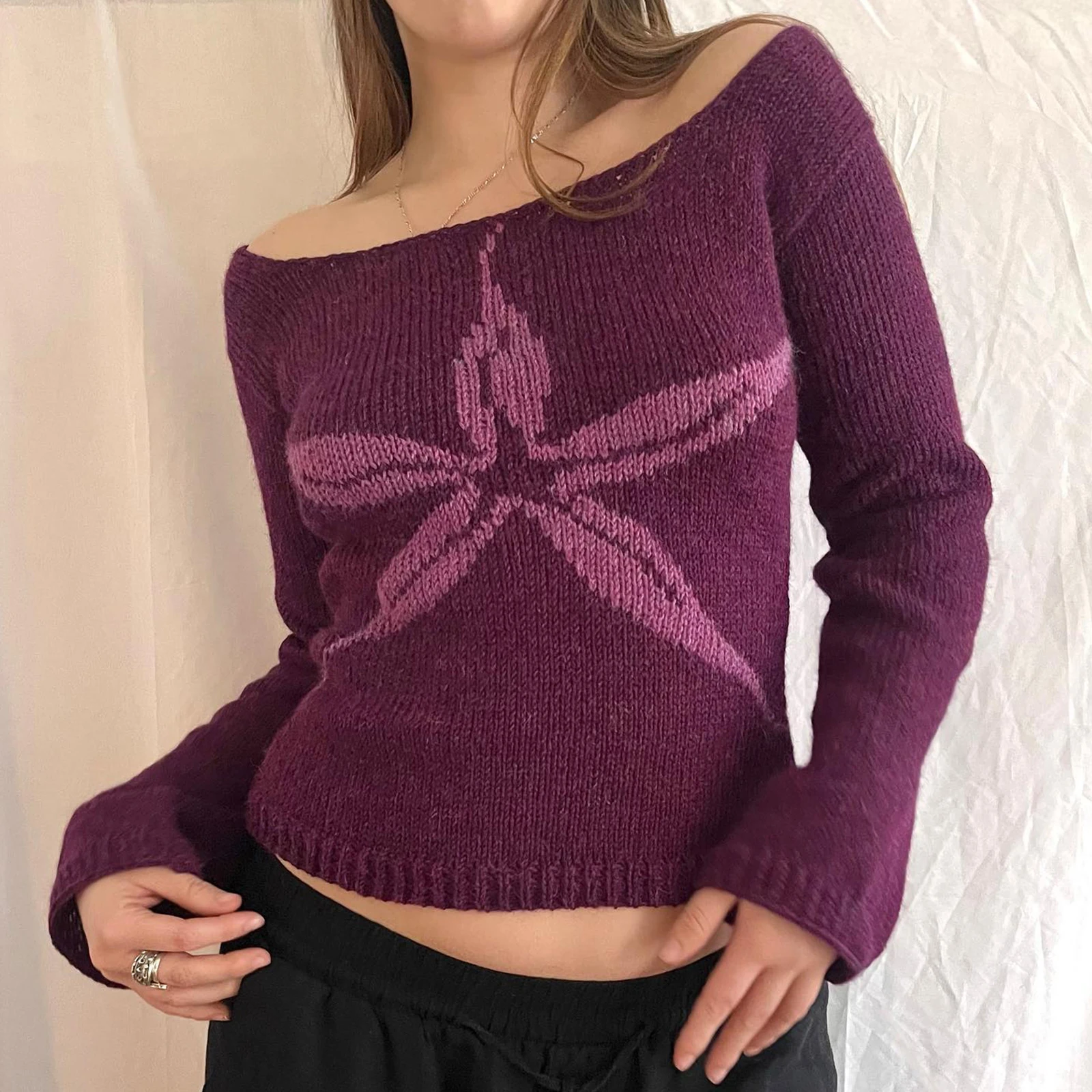 Gaono Women Y2k Off The Shoulder Sweater Vintage Bow Graphic Fitted Pullover Tops Cute Fall Knit Tops Vintage Streetwear