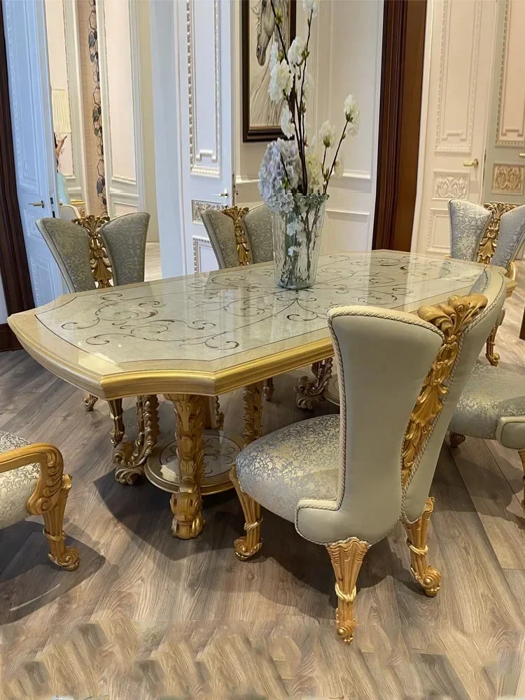 European dining table solid wood carved rectangular shell parquet craft French court high-end retro dining table