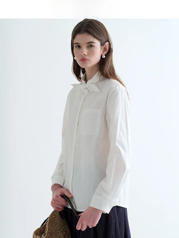 

White Long Sve Women's irt Jiujiu Retro Tie Spring 2026 New Sle Slimming Versatile Cotton Commute Faion Top