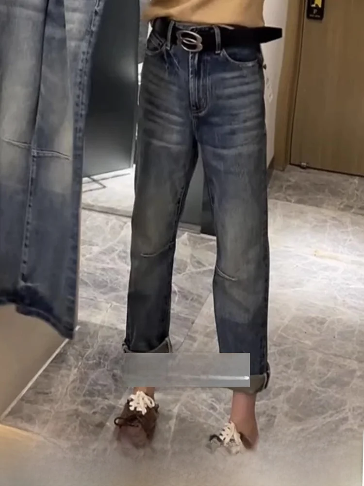 

High Waist Harlan Jeans Women's Casual Slimming Spring Autumn Dad Pants Straight Leg Deep Color Nine Points Zipper Fly