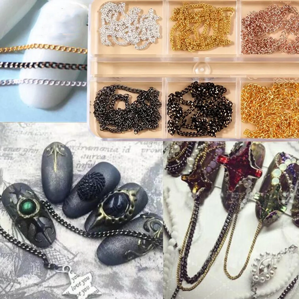 

1 Box 300cm Metal Chain Nail Art Rhinestone 3D Alloy Punk Black Silver Studs Chain Nail Charms #Y2K Nail Art Decoration Jewelry