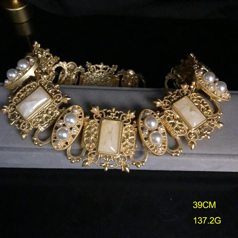 Retro palace  real gold plated hollow carving statement pearl inlaid necklace temperament chocker necklace