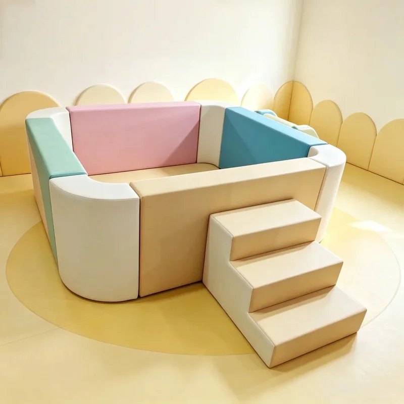 Pastel Macaron Square Foam Soft Play Ball Pit with Slide Steps for Party Rental Kindergarten Kids Play Area