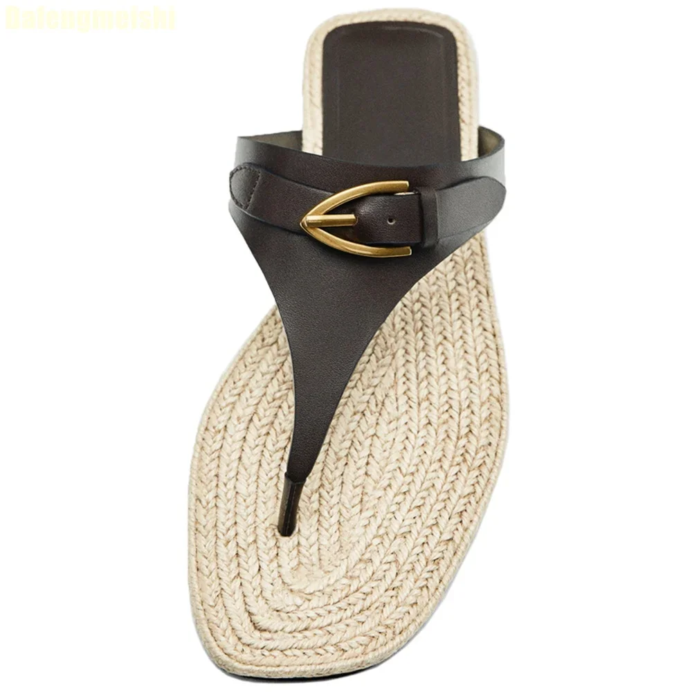 

2026, весенне-летние новые шлепанцы, женские соломенные рыбацкие туфли на плоской подошве, повседневные римские сандалии-стринги с металлической пряжкой и открытым носком