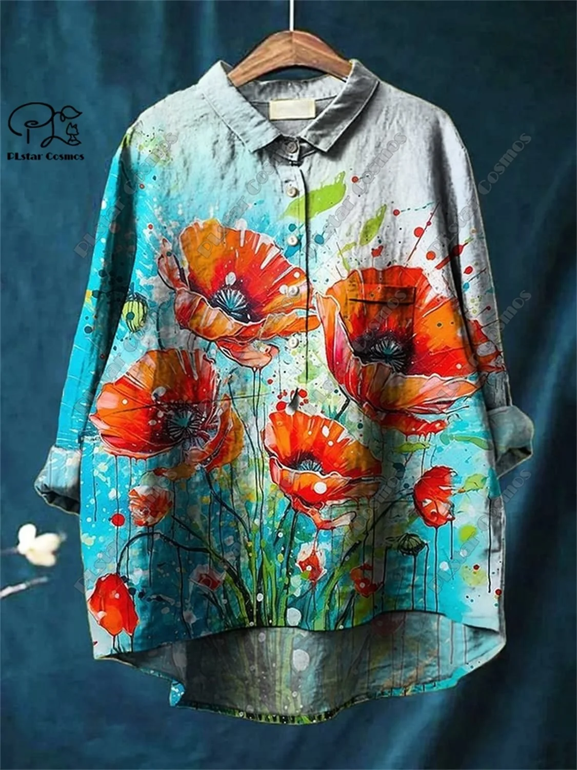 PLstar Cosmos new 3D printed women's loose retro floral fun casual printed open tube shirt  K-2