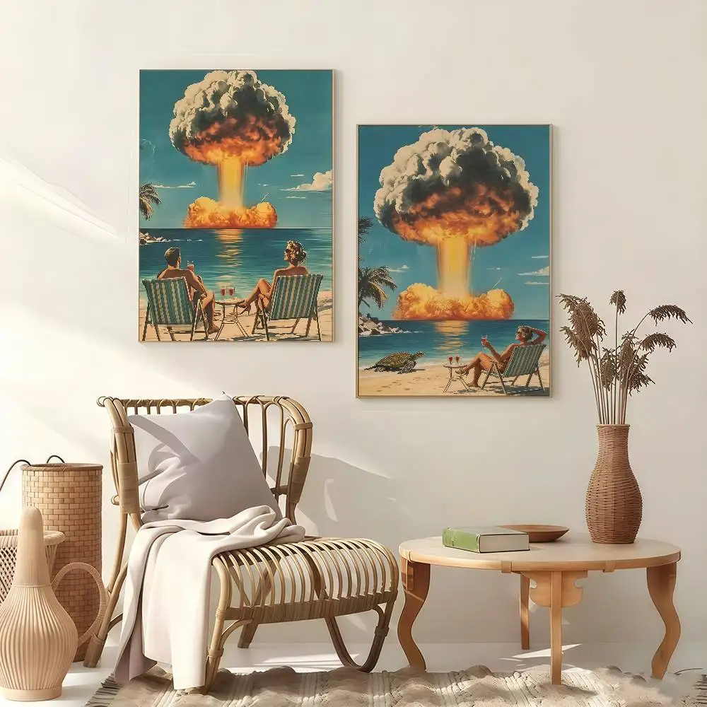 The Explosion Of Atomic Mushroom Cloud Over Ocean Poster Stickers Art Print Retro Vintage Wall Decor HD LivingRoom Gift Occasion