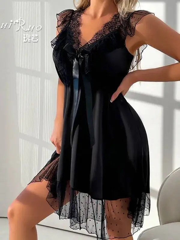 Pure Desire-Camisón de encaje de malla dulce, camisón Sexy de corte bajo con escote en V profundo, vestido con adornos de encaje de Color sólido de malla transparente, Casaul ED8Z