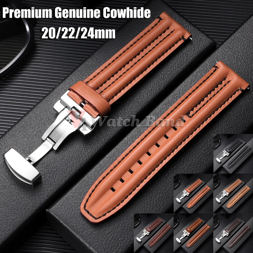 Genähtes Rindslederarmband für Omega Uhrenarmband 20mm 22mm 24mm Vintage Öl-Wachs-Leder Uhrenarmband für Seiko mit Schmetterlingsverschluss