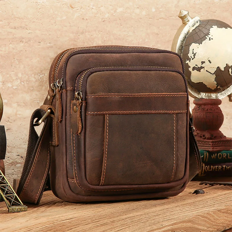 Multi Double Zipper Pockets Small Shoulder Purse Compact Cell Phone Wallet Bag for Men Genuine Leather Mini Crossbody Sling Bags