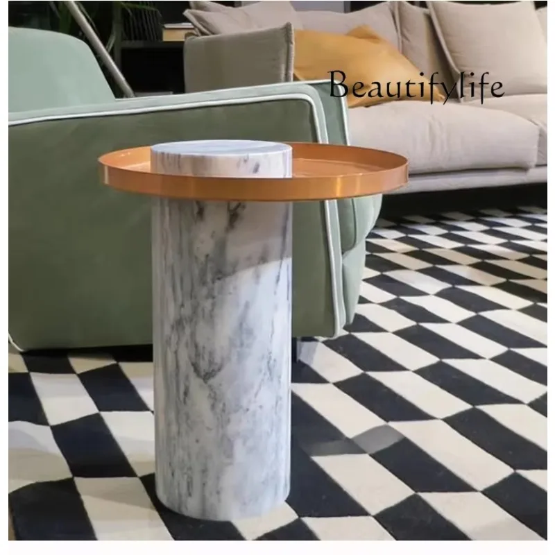 X Nordic Designer Round Marble Column Metal Tray Coffee Table High And Low Combination Personalized Fashion