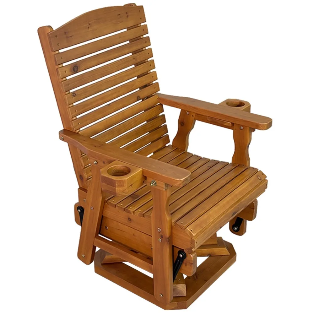 Outdoor Swivel Glider Chair w/ Cup Holders, Wooden Patio Chair, 500 LBS, Brown
