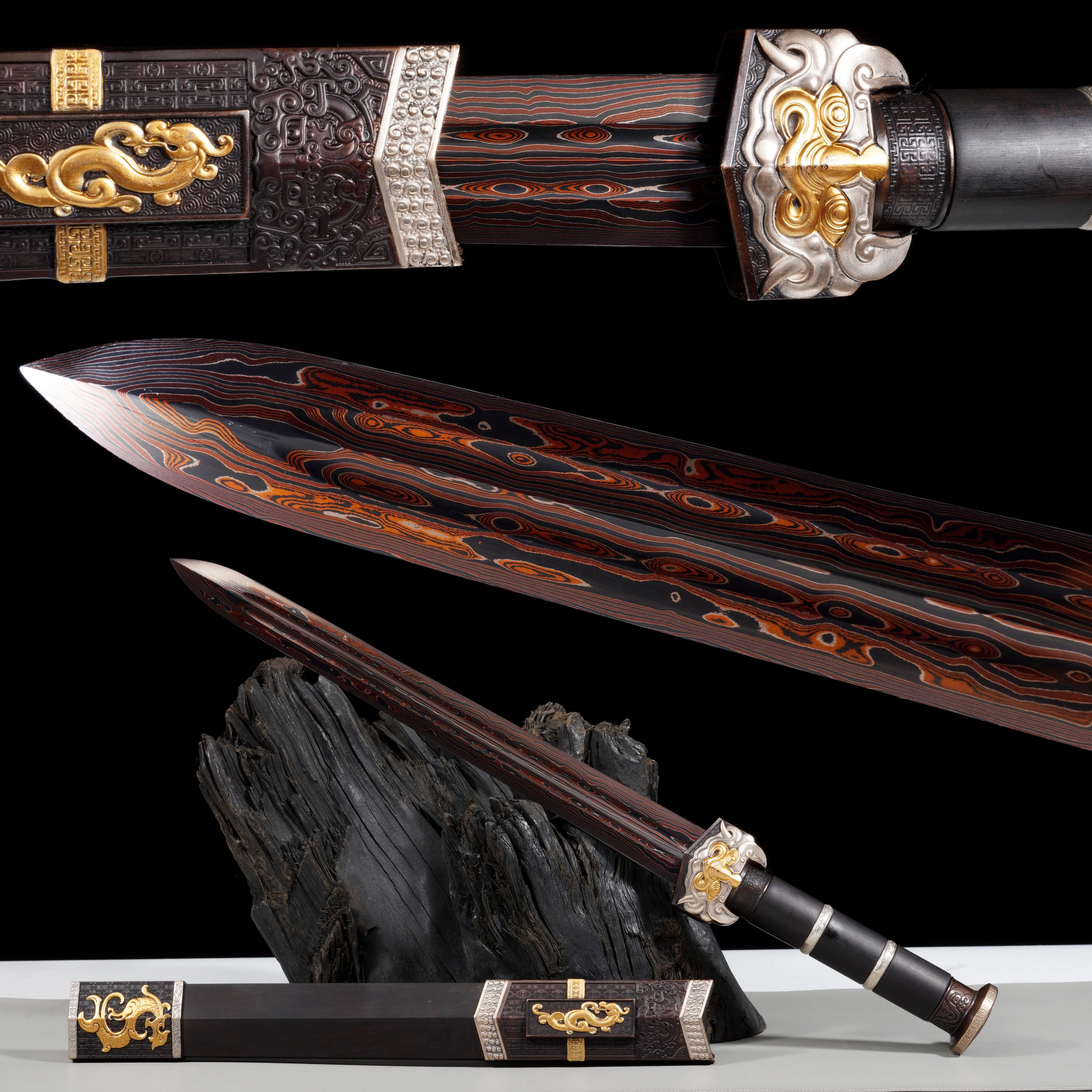 

50cm Feng shui Chinese Little Qin Sword Damascus Steel Folding Forged Sharp samurai Sword katana full tang Battle Preparation