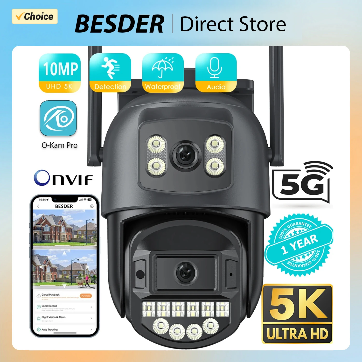 BESDER 와이파이 감시 카메라, 듀얼 렌즈, AI 인간 감지, 야외 보안 PTZ IP 카메라, 10MP 인터콤 CCTV 캠, 5K, 10MP, 5GHz