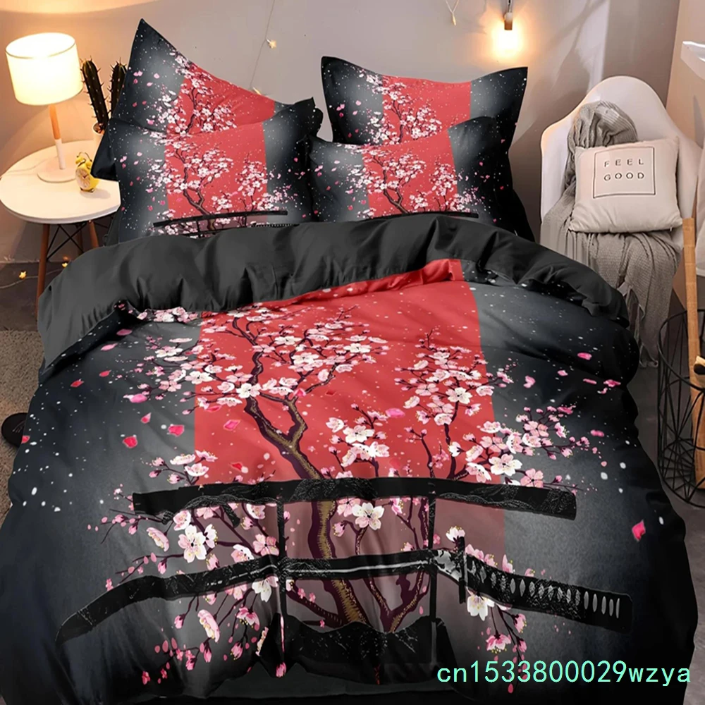 3-Piece Queen Size Samurai Sword Red Sakura 3D Print Duvet Cover Set - Ultra Soft, Breathable, And Vibrant Bedding With Zipper