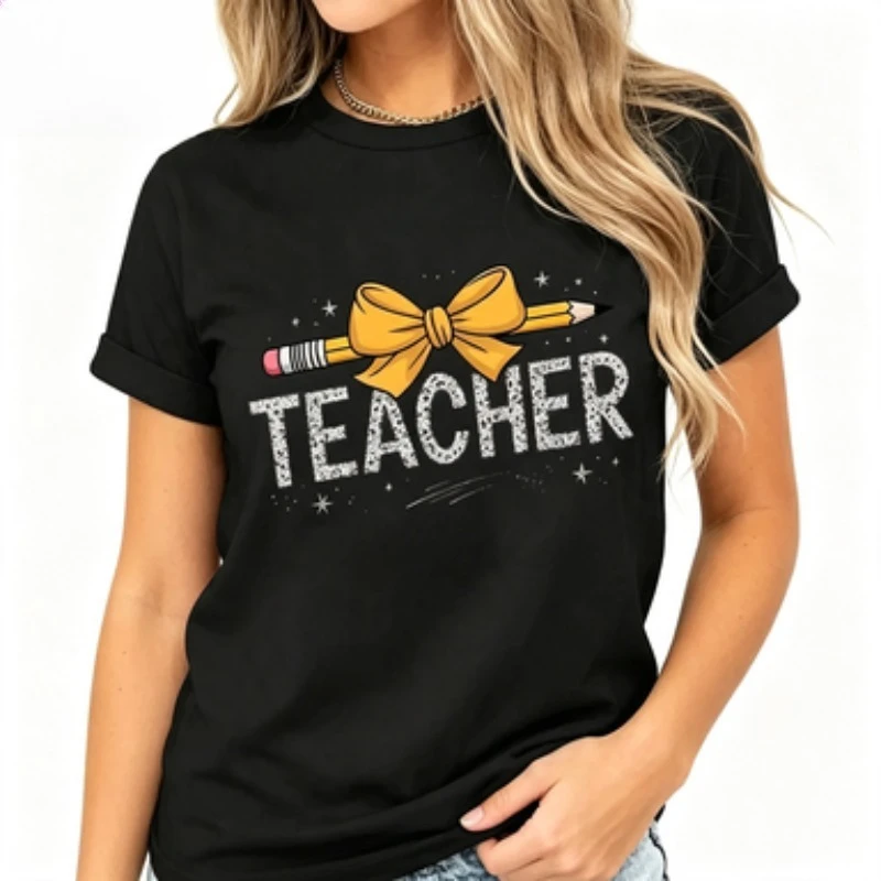 Women Cotton Crew Neck T‑Shirt Teacher Leopard  Graphic Tee Pencil Bow Ribbon Art Print Short Sleeve Casual Teacher Gift Tops