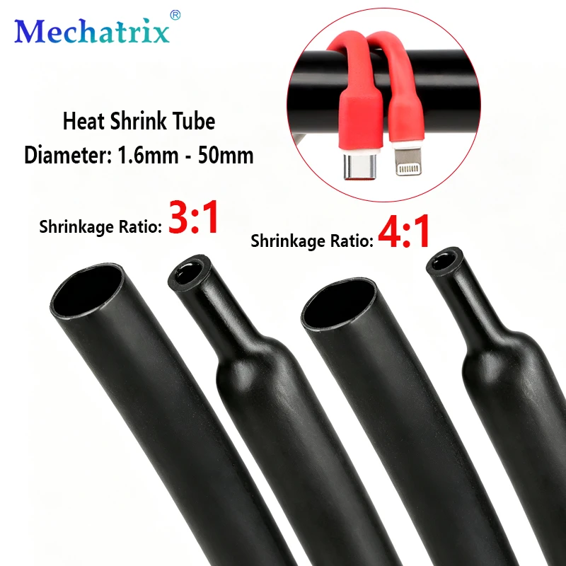Black Red 3:1/4:1 Ratio Glued Heat Shrink Tube Diameter1.6mm - 50mm Adhesive Lined Polyolefin Cable Repair ﻿Wrap Sleeve
