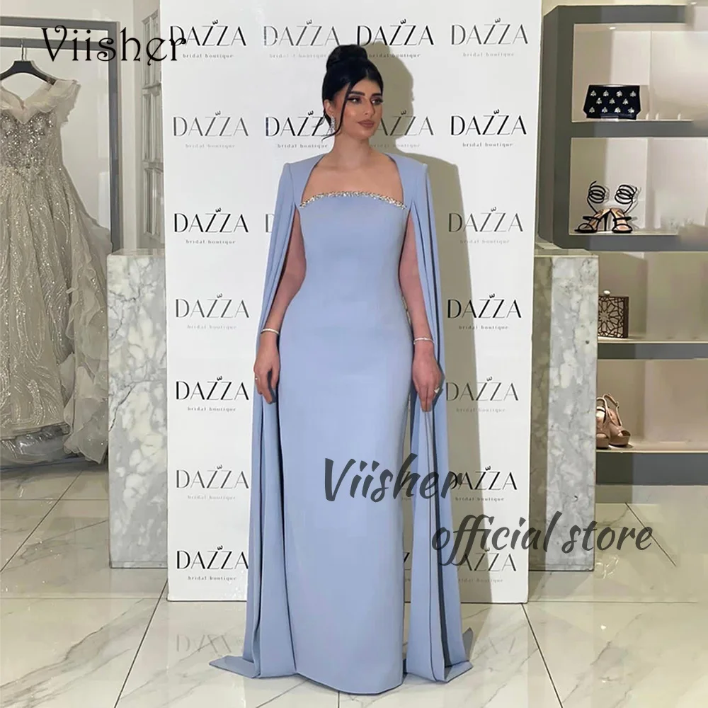 

Viisher Blue Satin Mermaid Evening Dresses with Jacket Beads Square Neck Long Formal Prom Dress Dubai Arabia Celebrate Gowns