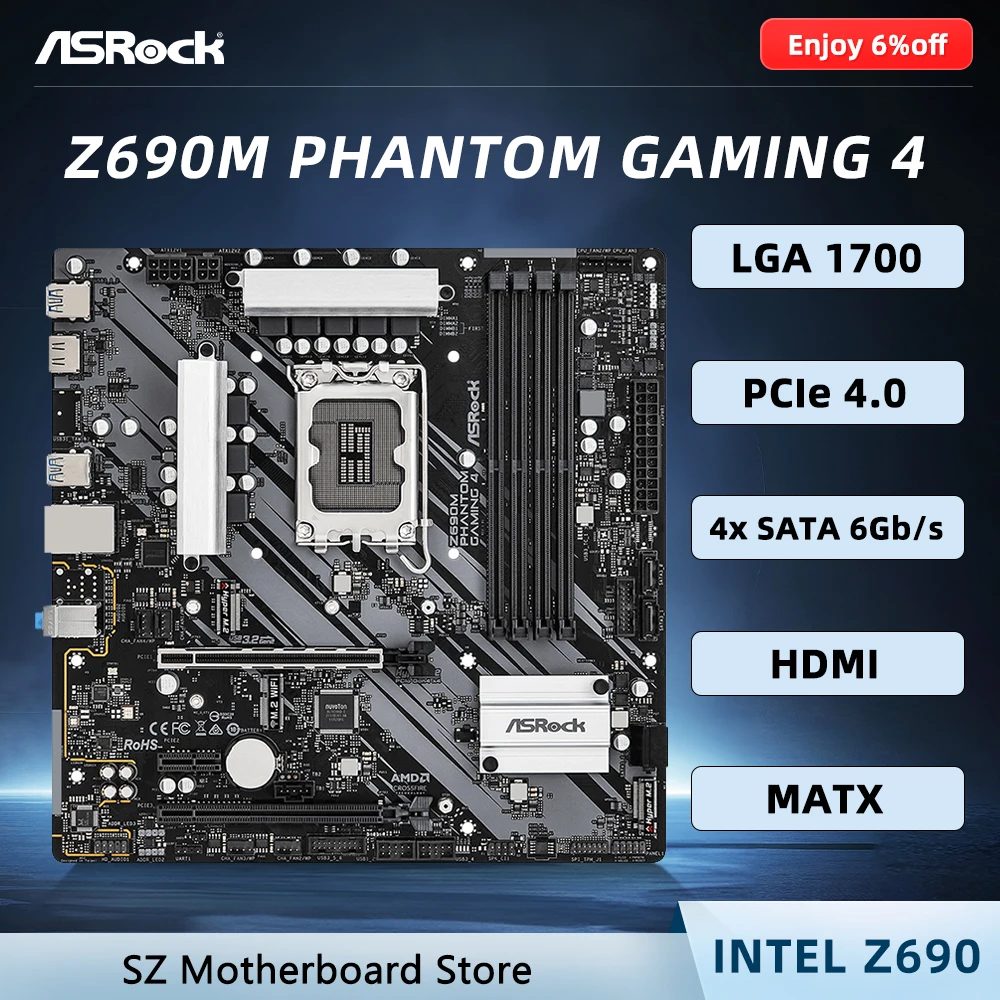 

ASROCK Z690M PHANTOM GAMING 4 Z690 Micro ATX Motherboard LGA 1700 For CPU i7-13700KF i5-13600KF 12400F DDR4 2×PCIe 4.0 M.2 NVMe