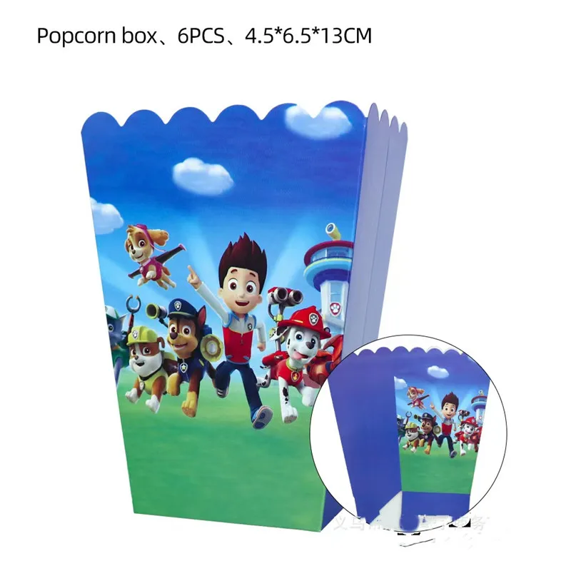 6pcs 17*15cm Paw Patrol Disposable popcorn box Rubble Skye Rocky Paper Bag Baby Shower Party Favors Decorations