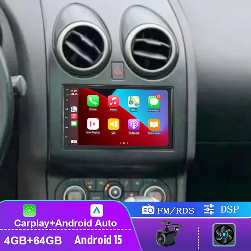 7 "4-64GB لنيسان Dualis 2007-2013 راديو السيارة اللاسلكي CarPlay أندرويد 15 وحدة رأس السيارات التحكم في عجلة القيادة