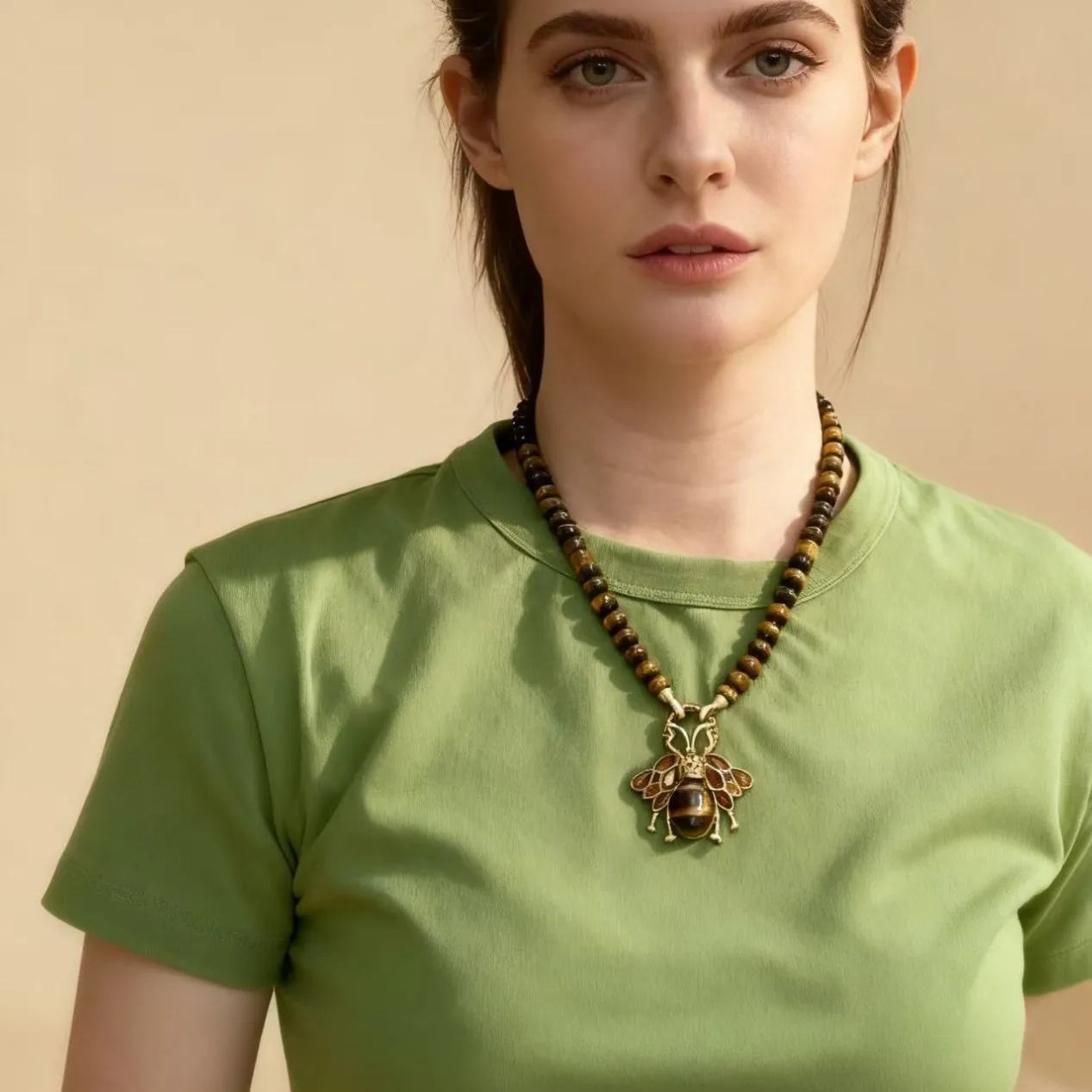 

Винтажные ювелирные изделия, натуральный тигровый глаз, ожерелье из бисера, счеты, ожерелье в стиле ретро с пчелой