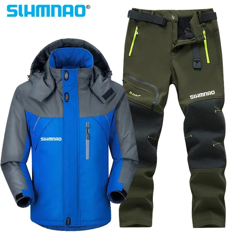 2025 New Winter Men's Plush Thickened Warm Fishing Jacket Outdoor Mountaineering Warm Large Pants Windproof Warm Fishing Set