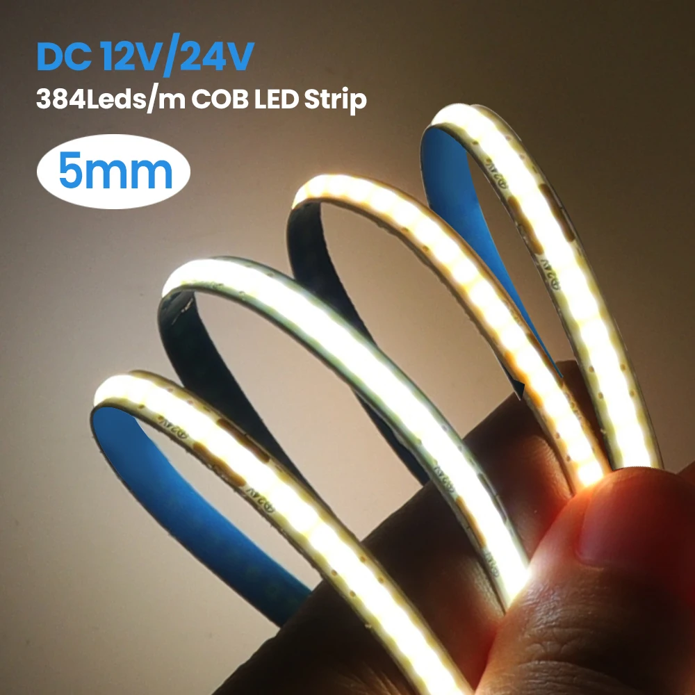 5m COB LED Light Strip 5MM 12V/24V DC 384Leds/m Warm White Natural White Light Dimmable Cabinet Decoration Ra90 Linear Tape