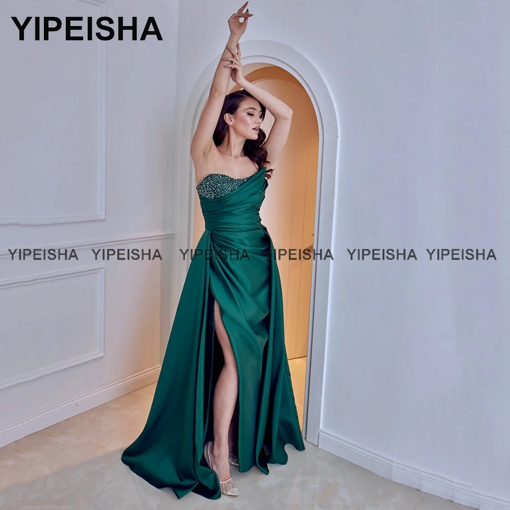 Yipeisha-vestido de noche verde esmeralda sin tirantes, prenda de satén con abertura lateral, para baile de graduación, con cuentas, talla grande