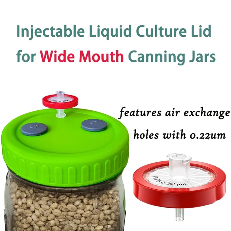 غطاء برطمان ميسون بلاستيكي واسع الفم (8 قطع)، مع فلتر حقنة PTFE 0.22Um ومنفذ حقن 20 مم، يتضمن أغطية الثقافة السائلة
