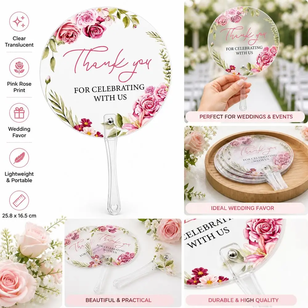 10Pcs Pink Floral Thank You Hand Fan Translucent Plastic Translucent Round Fan Single-Sided Print Photo Prop Fans