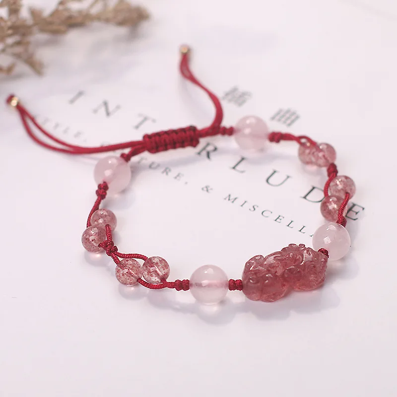 

Natural Strawberry Crystal Pixiu Red String Bracelet for Women Pink Crystal Bracelet for Luck and Romance Gifts